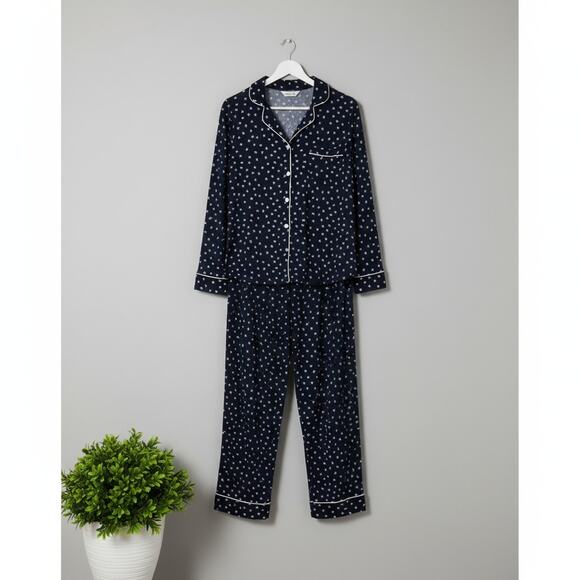 DKNY Women’s Pajama Set XXL Navy Polka Dot Notch Collar Top & Pants Sleepwear - Picture 1 of 9